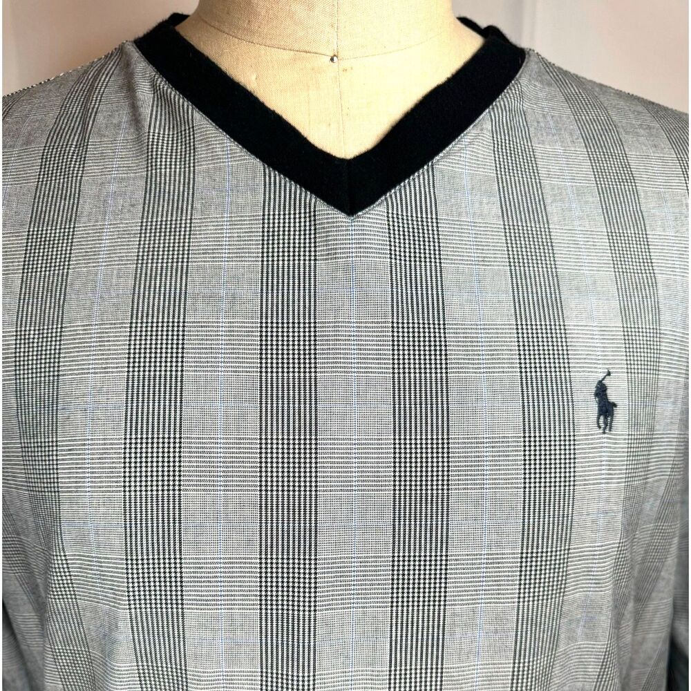 Ralph Lauren POLO GOLF Lined V-neck Pullover Windbreaker Jacket Grey Plaid LG